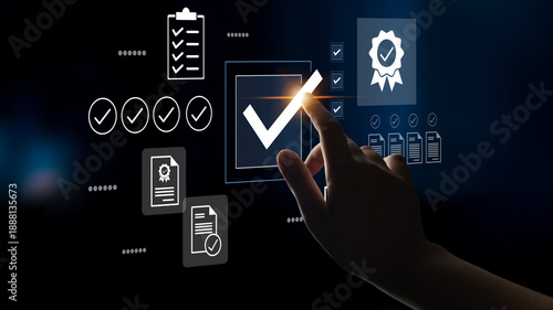Bild auf Leinwand A hand interacts with a digital checkmark on a touchscreen, symbolizing approval and certification in a modern technological setting