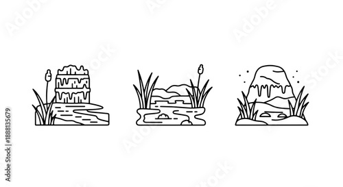 Minimalist vector illustrations of natural landscapes with water, plants, and geological formations, in a clean outline style.