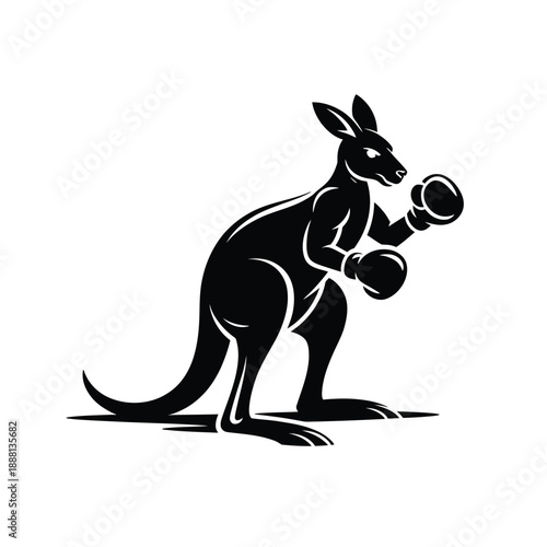 A black and white illustration of a boxing kangaroo in a fighting stance