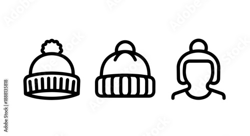 Winter Hat Icons: Pom-Pom Beanies, Ribbed Knit Hats, and Headband with Hair for Cold Weather Style