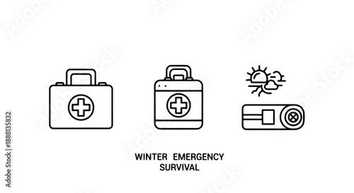 Winter Emergency Survival Kit Icons: First Aid Box, Emergency Bag, and Sun/Snow Gear