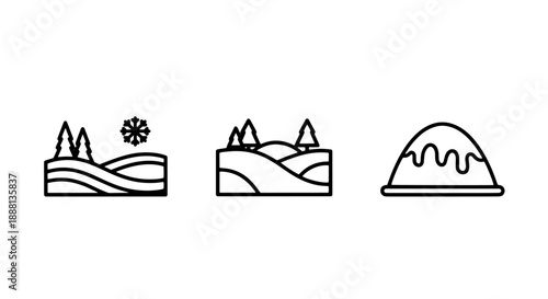 Winter Landscape Icons: Snowy Hills, Pine Trees, and Ice-Covered Mountain Peaks