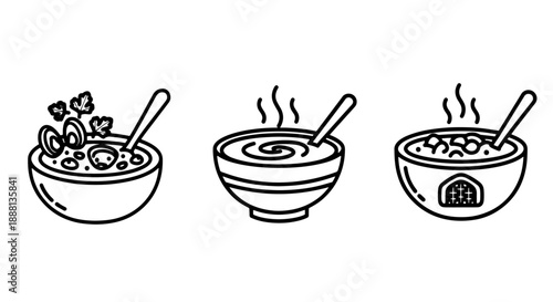 Hot Soup Bowl Icons: Hearty Stew, Creamy Soup, and Savory Broth with Spoon for Comfort Food