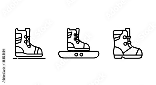 Set of three line art icons depicting snowboard boots and a snowboard, ideal for winter sports and extreme gear.