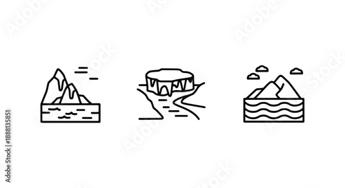 Arctic and Polar Landscape Icons: Icebergs, Snowy Mountains, and Frozen Water Scenes