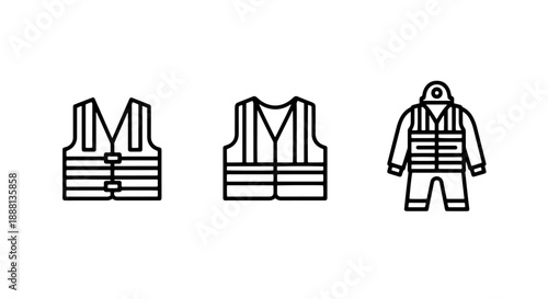 Collection of three simple line art icons representing safety vests and a full protective suit for work or rescue operations.