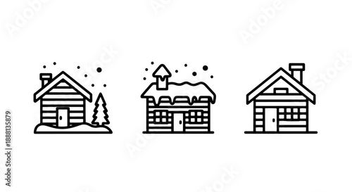 Three simple line art icons depicting houses in snowy winter settings, suggesting cozy homes and winter landscapes.