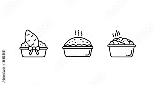 Three minimalist line art icons showcasing different dishes of hot food, perfect for food blogs, recipes, or restaurant menus.