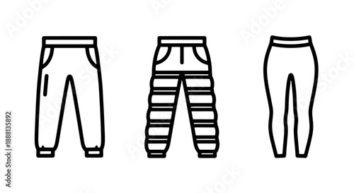 Set of three line art icons representing different styles of pants: casual trousers, cargo pants, and leggings.