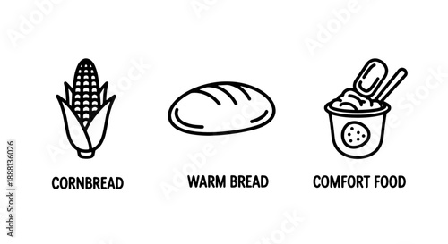 Comfort food icons: corn on the cob, crusty loaf of bread, and bowl of soup or stew.