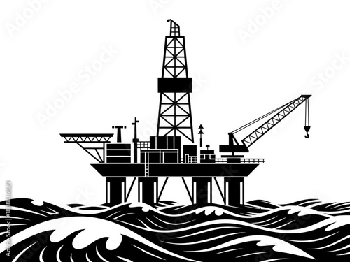 Offshore Oil Rig Silhouette at Sea Transparent Background