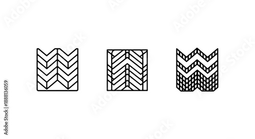 Three abstract geometric pattern icons in a minimalist line art style, showcasing chevron and woven textures.