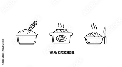 Three warm food icons in line art: a bowl with a carrot, a casserole dish with steam, and a serving of stew with a knife.