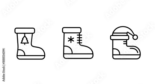 Collection of three festive boot icons, including Christmas stockings, a winter boot with a snowflake, and a Santa boot.