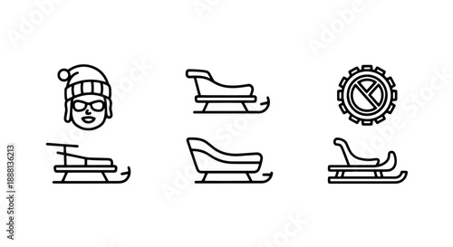 Winter Icons: Person in Santa Hat, Sleds, and Snow Gear