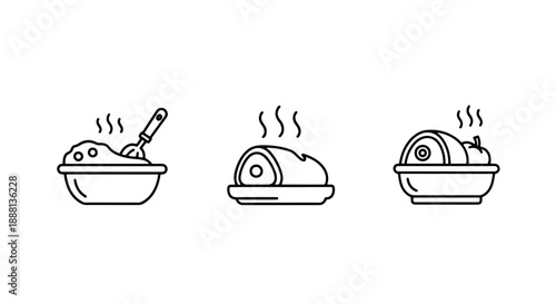 Hot Food Icons: Mashed Potatoes, Roasted Meat, and Savory Dish with Vegetables