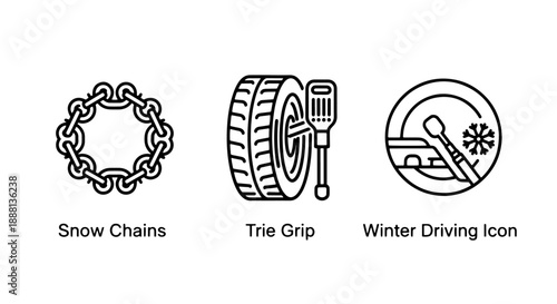 Winter Driving Icons: Snow Chains, Tire Grip, and Ice Warning