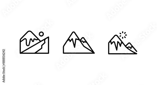 Mountain Icons: Snowy Peaks, Daytime Summit, and Sunlit Landscape