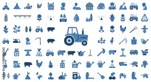 Blue farm icons set with tractor on white background