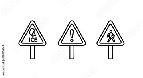 Winter Warning Signs: Ice on Road, Exclamation Mark Hazard, and Pedestrian Crossing