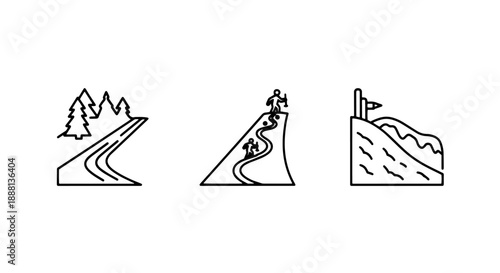 Winter landscape and activity icons: snowy slope, skiers, and ski jump, line art