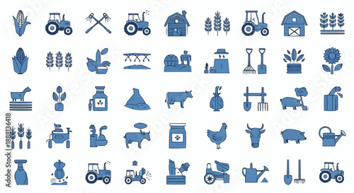 Agricultural icons set including tractors tools animals and plants