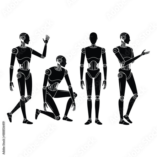 Four robotic humanoids in various poses against a white background