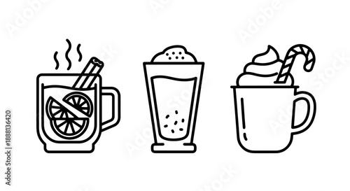 Cozy winter drink icons: mulled wine with orange and cinnamon, hot chocolate, and candy cane latte