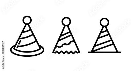 Party hat icons: festive conical hats in various striped and wavy patterns, outline drawings