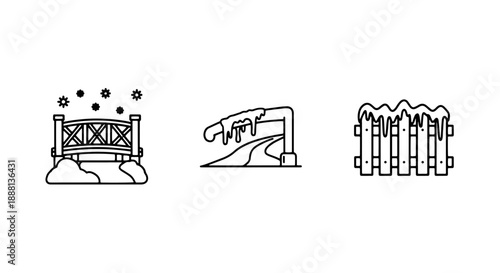 Winter outdoor scene icons: snowy bridge, icy road, and frosted fence, line art