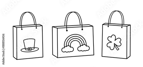 St. Patrick's Day gift bag coloring pages.
Lucky shamrock and rainbow shopping bag outline set.
St. Patrick's Day gift bag template clipart.