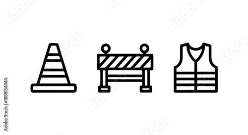Construction safety icons: traffic cone, barrier, and reflective vest, outline illustration
