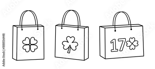 St. Patrick's Day gift bag coloring pages.
Lucky shamrock shopping bag outline set.
St. Patrick's Day gift bag template clipart.
