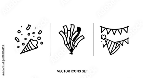 Party icons: confetti cone, party blowers, and festive garland with party hat, line art for celebration and event graphics.