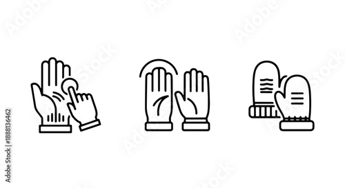 Hand protection icons: touchscreen gloves, winter mittens, and hand gesture, line art