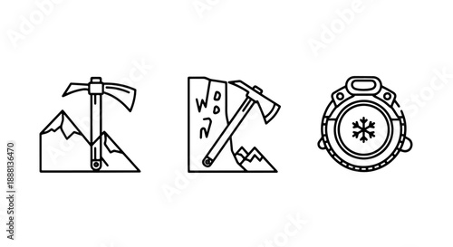 Mountaineering and winter icons: ice axe on mountain, axe on rocky terrain, and snowflake for adventure and cold weather themes.