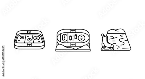 Winter sports icons: ice rink, ice hockey rink, and figure skates on ice, line art for sports and seasonal themes.