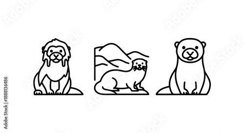 Otter icons: cute otter family and otter in nature, stylized line art for wildlife and animal themes.