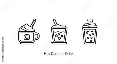 Hot drink icons: caramel latte, iced coffee, and hot chocolate with steam, line art for beverage and cafe themes.