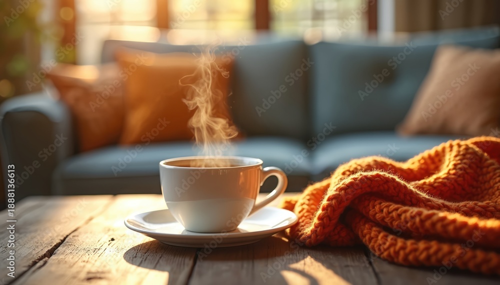 Fototapeta premium Steaming coffee cup rests on rustic wooden table beside warm orange knit blanket. Soft sunlight illuminates cozy home interior, creating peaceful morning atmosphere for relaxation and hot beverage.
