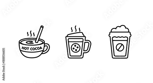 Three delightful line art icons of hot chocolate, coffee mug, and to-go cup, representing warm beverages and cozy drinks.