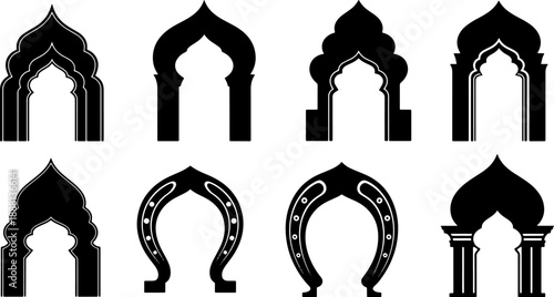 Unique Islamic Arch Silhouette Set with Horseshoe Curves and Ornate Traditional Mehrab Designs for Premium Ramadan and Eid Architectural Graphics