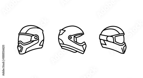 Three modern line art icons of motorcycle helmets with visors, showcasing protective gear for riders and extreme sports enthusiasts.