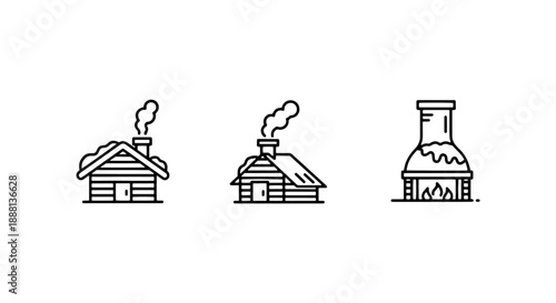 Three charming line art icons of snow-covered cabins and a fireplace with flames, evoking winter coziness, warmth, and rustic charm.