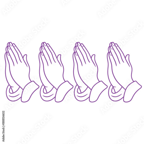 Four purple outlined praying hands in a horizontal arrangement