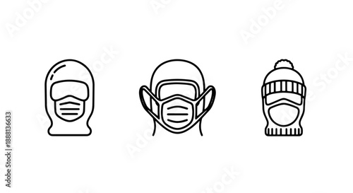 Set of three icons showing face coverings: balaclava, protective mask, and knitted beanie, representing cold weather gear and safety measures.