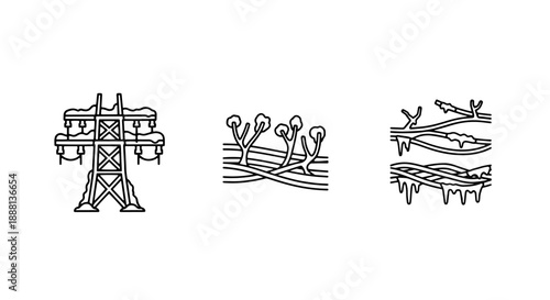 Winter Nature Icons: Snow-Covered Power Line, Barren Trees, and Icy Branches