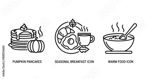 Autumn Breakfast Icons: Pumpkin Pancakes, Croissant with Egg, and Hot Soup Bowl