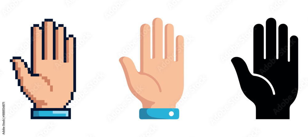 Fototapeta premium Diverse styles of hand icons: pixel, flat, and silhouette designs