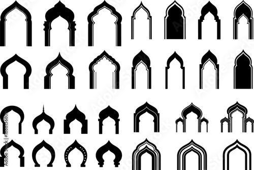 Large Set of 21 Islamic Arch Silhouettes featuring Traditional Mosque Gateways Decorative Window Frames and Arabic Mehrab Designs for Architectural Graphics